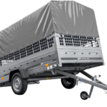 PKW-Anhänger 264×150 UNITRAILER GARDEN 265 KIPP mit Gitteraufsatz, Hochspriegel H-800 und grauer Plane