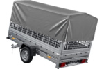 PKW-Anhänger 264×150 UNITRAILER GARDEN 265 KIPP mit Gitteraufsatz, Hochspriegel H-800 und grauer Plane – Bild 3